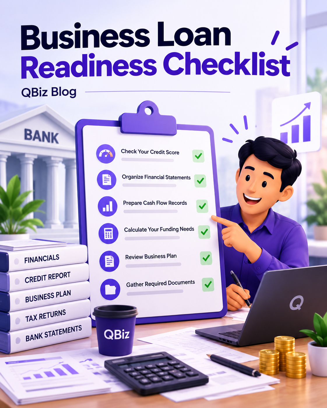 Small business owner reviewing a loan readiness checklist with financial documents and a laptop